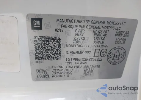 2019 GMC Sierra 1500 At4 из США, поврежденный, VIN 1GTP9EED3KZ259352